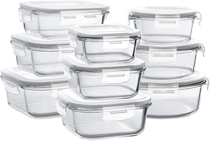 multiple size glass containers stacked kitchen storage