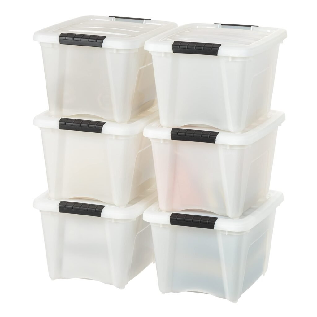 airtight plastic food containers stacked in small kitchen pantry shelves