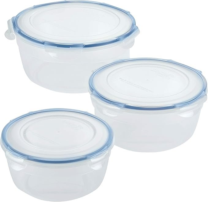 LocknLock stackable food storage containers stacked in small kitchen cabinet