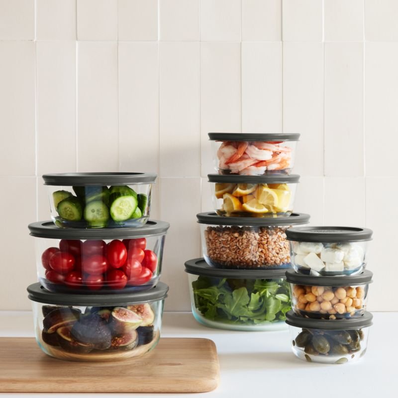 stackable glass food storage containers in small fridge Pyrex