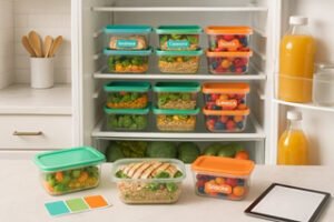 best stackable food storage containers stacked vertically in small kitchen
